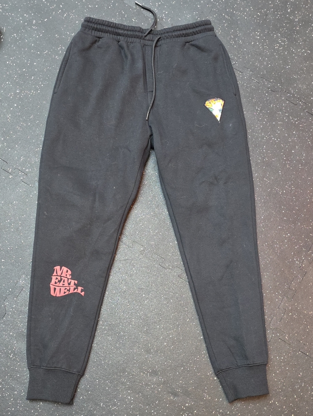 Black Sweatpants with Pizza Patch